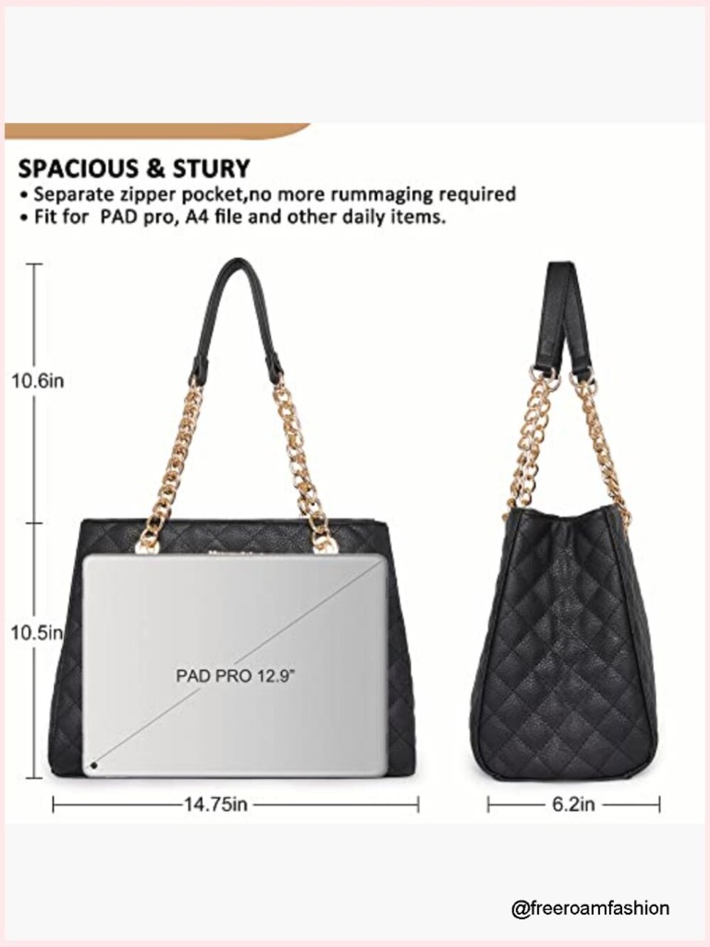 Quilted Vegan Leather Chain Shoulder Tote Bag - Picture 6 of 7